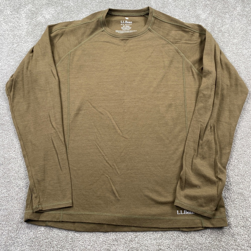 LL Bean Base Layer Mens M Olive Brown Merino Wool Midweight Long Sleeve 264500